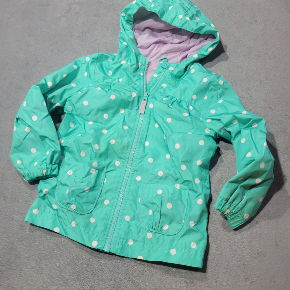 Cherokee Windbreaker Jacket Girls 4T Teal Polka Dot Hooded Rain Coat Lightweight